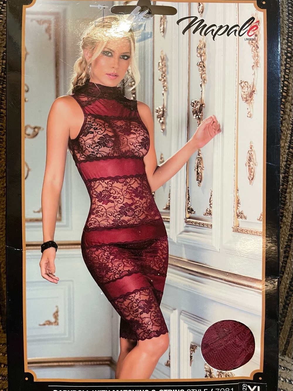 Mapale 7081 Sheer Burgundy Lace High Neck Midi Babydoll Chemise G-String Set XL